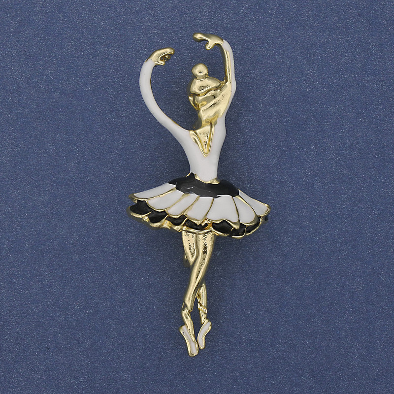 Brooch Pendant Ballet Dancer White Enamel with Gold Metal 25x57mm+