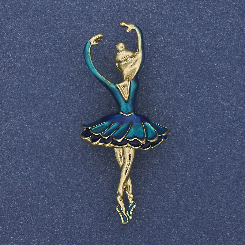 Brooch Pendant Ballet Dancer Blue Enamel Gold-Tone Metal 25x57mm+