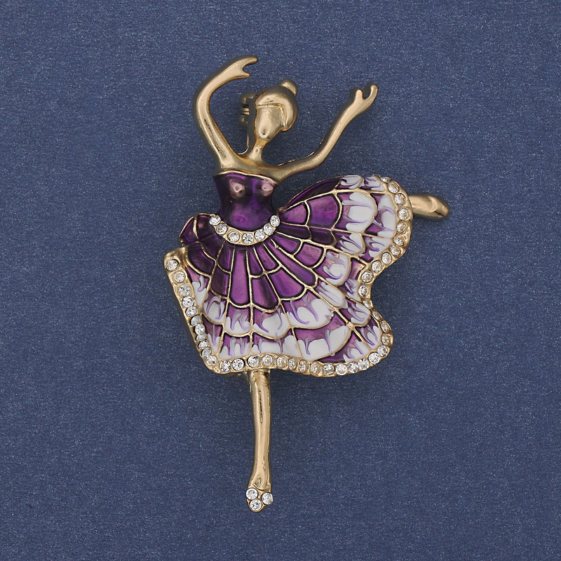 Brooch 'Ballerina' in purple and white enamel with white crystals, golden metal 35x50mm+