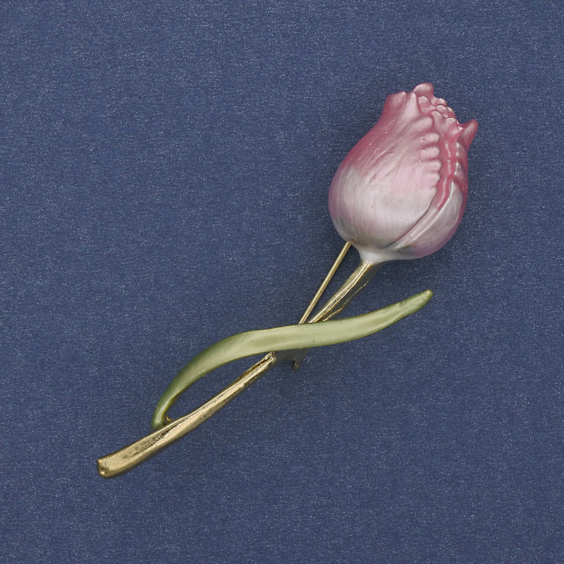 Brooch Tulip pink and green enamel with golden metal 16x59mm+