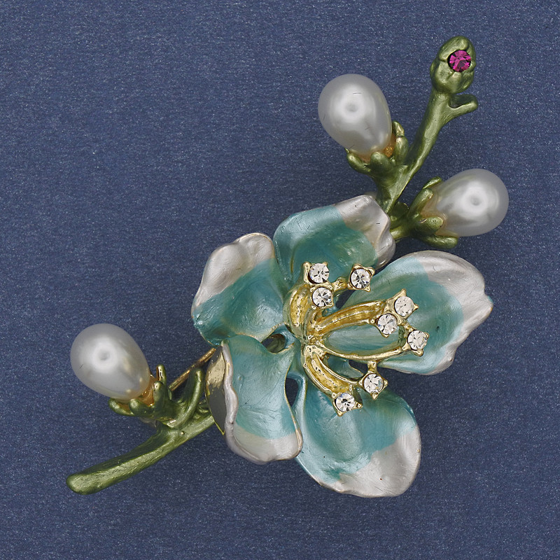 Blue and Green Enamel Brooch with Pearl and Crystals, Gold-Toned Metal 28x55mm