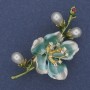 Blue and Green Enamel Brooch with Pearl and Crystals, Gold-Toned Metal 28x55mm