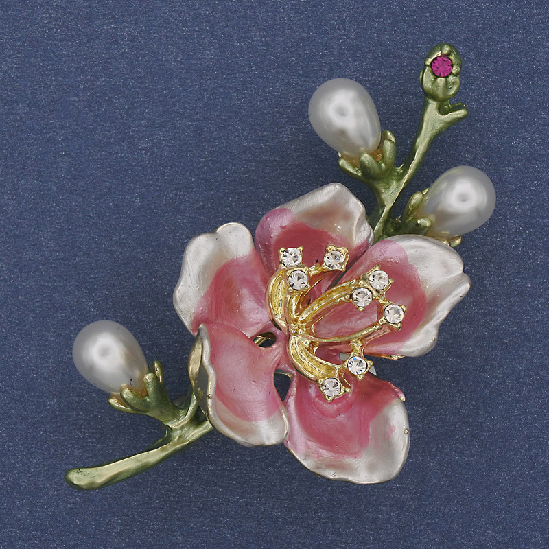 Pink and Green Enamel Brooch with Pearl and Crystals on Gold-Tone Metal 28x55mm