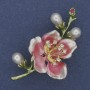 Pink and Green Enamel Brooch with Pearl and Crystals on Gold-Tone Metal 28x55mm