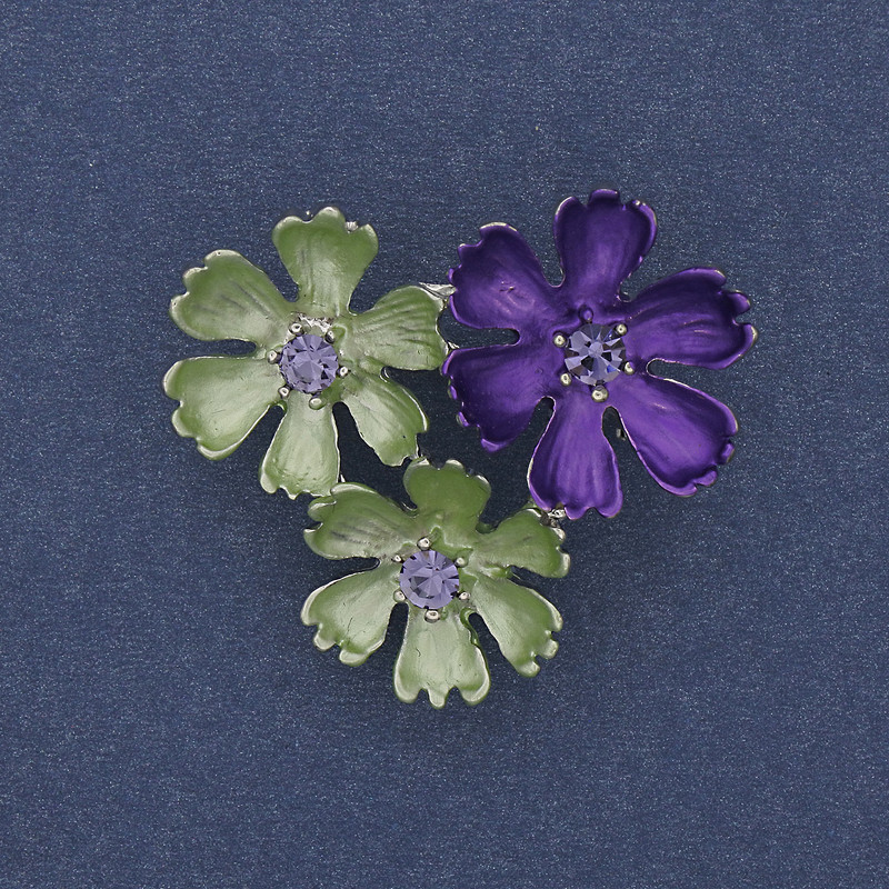 Brooch Pendant in green and purple enamel with purple rhinestones, silver metal 31x34mm