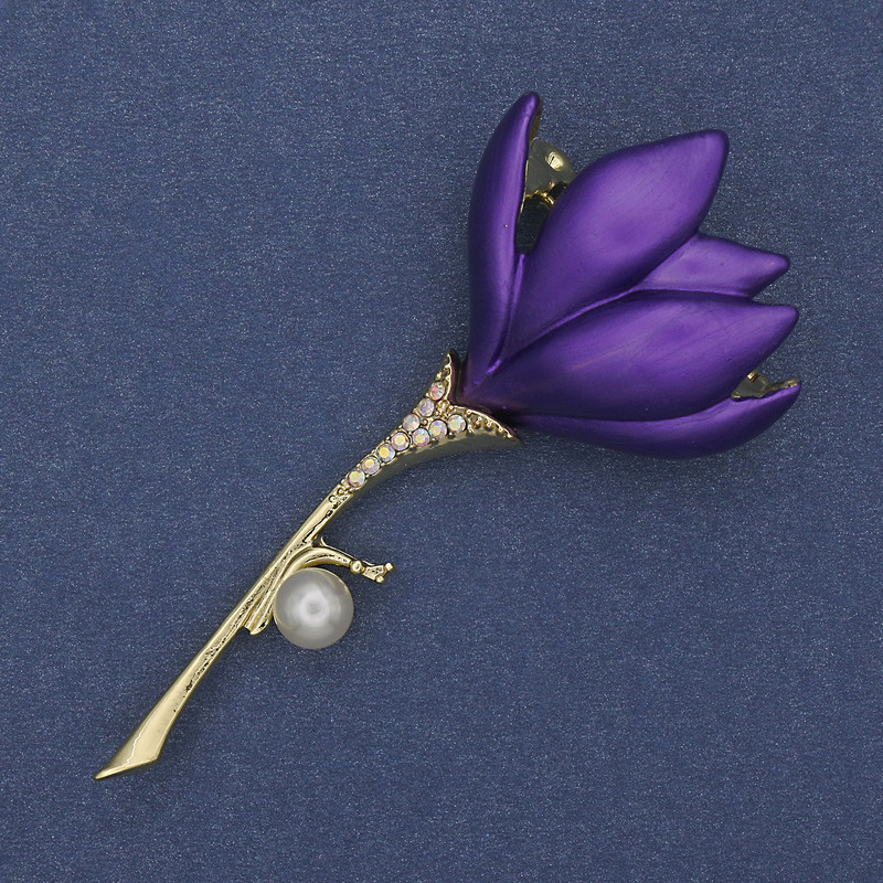 Brooch pendant Flower violet enamel Pearl gold-tone metal 29x64mm+