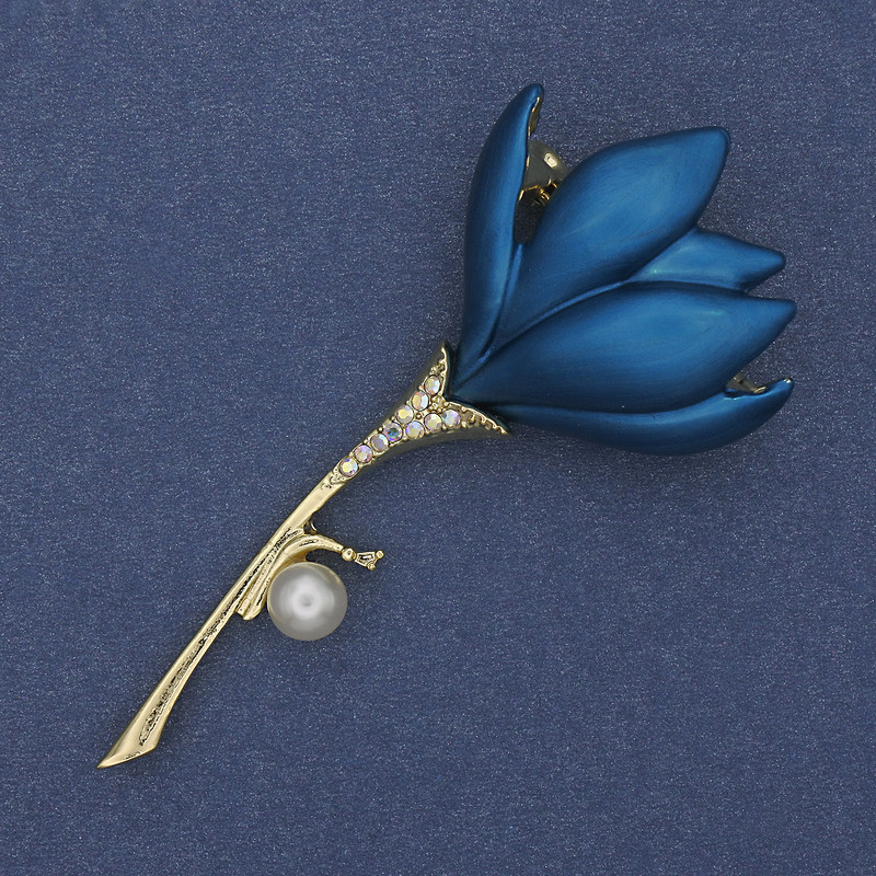Brooch Pendant Flower Blue Enamel Pearl Gold-tone Metal 29x64mm+