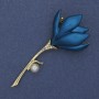 Brooch Pendant Flower Blue Enamel Pearl Gold-tone Metal 29x64mm+