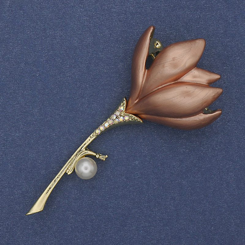 Brooch Pendant Flower Beige Enamel Pearl Bead with Crystals Gold-tone Metal 29x64mm+