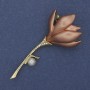 Brooch Pendant Flower Beige Enamel Pearl Bead with Crystals Gold-tone Metal 29x64mm+