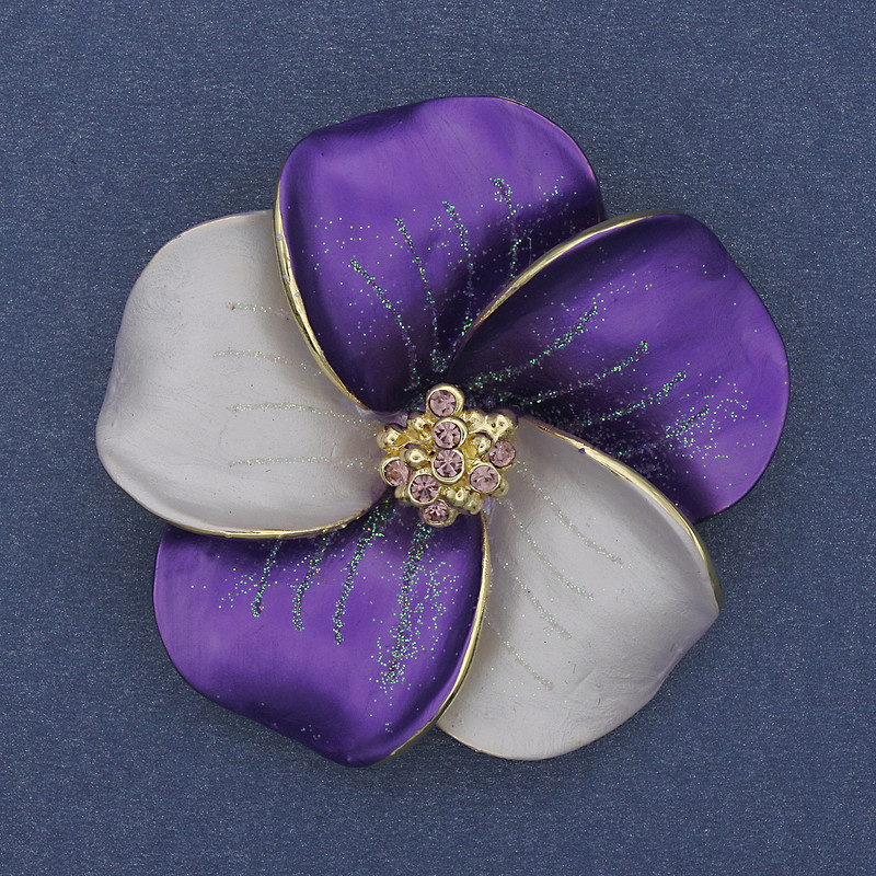 Brooch Pendant Flower White and Purple Matte Enamel Purple Crystals Gold-tone Metal 49x49mm+