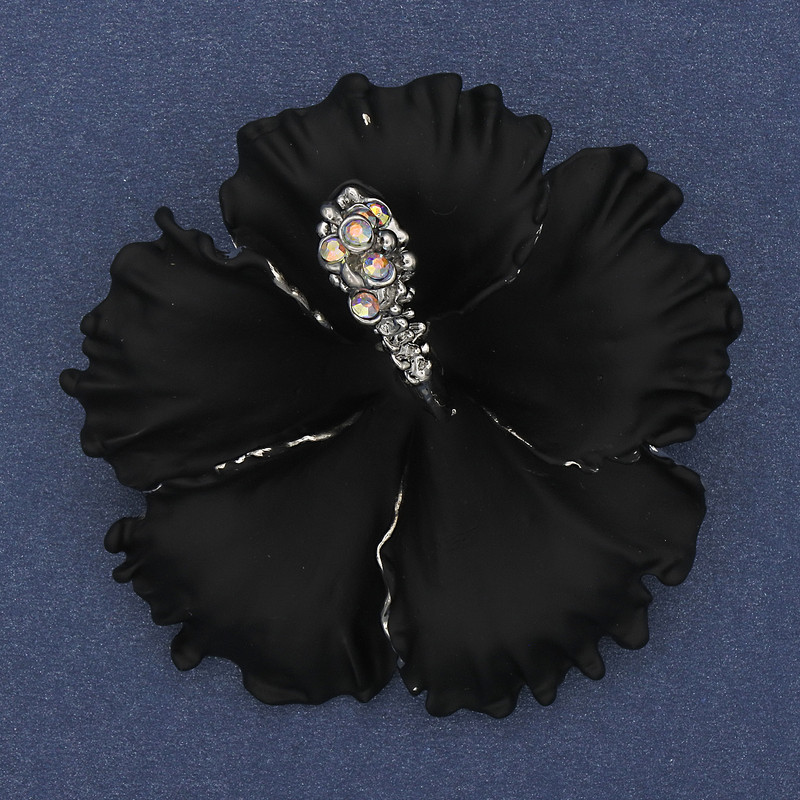 Brooch pendant Flower Petunia black matte enamel iridescent rhinestones silver metal 51x51mm+