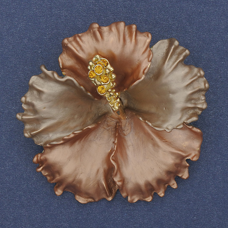Brooch Pendant Flower Petunia Matte Enamel Yellow Rhinestones Gold-tone Metal 51x51mm+