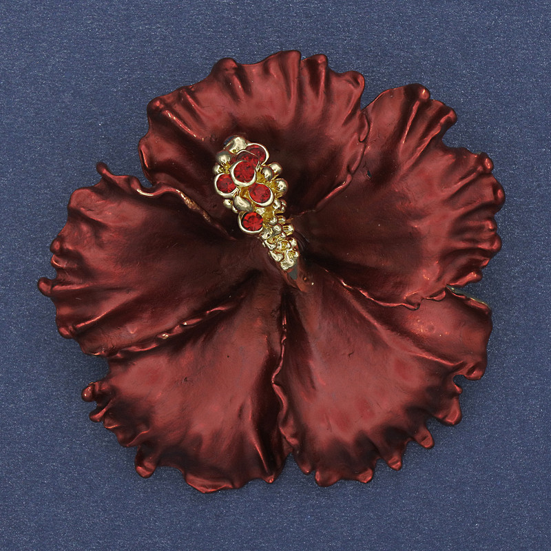 Brooch Pendant Flower Petunia Burgundy Matte Enamel Red Rhinestones Golden Metal 51x51mm+