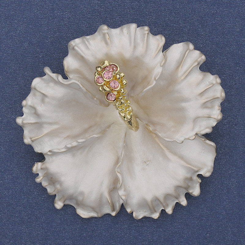 Brooch Pendant Flower Petunia White Matte Enamel with Pink Rhinestones Gold Tone Metal 51x51mm+
