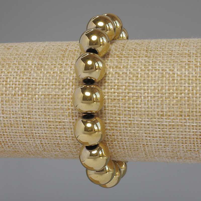 Hematite Bracelet Gold Color Smooth Bead, 12mm diameter ±, 18cm length stretch