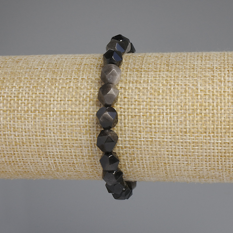 Bracelet with Natural Stone Silver Obsidian Multisided Beads, diameter 8x7mm+-, length 18cm +
