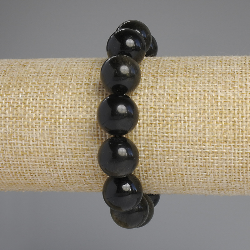 Bracelet with Natural Stone Sunstone Obsidian, smooth beads, 14mm diameter, length 18cm +