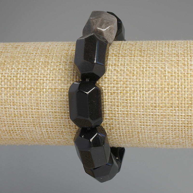 Natural Stone Bracelet Obsidian Silver-Tone Faceted Beads, 20x15-16mm+-, length 7.1in +