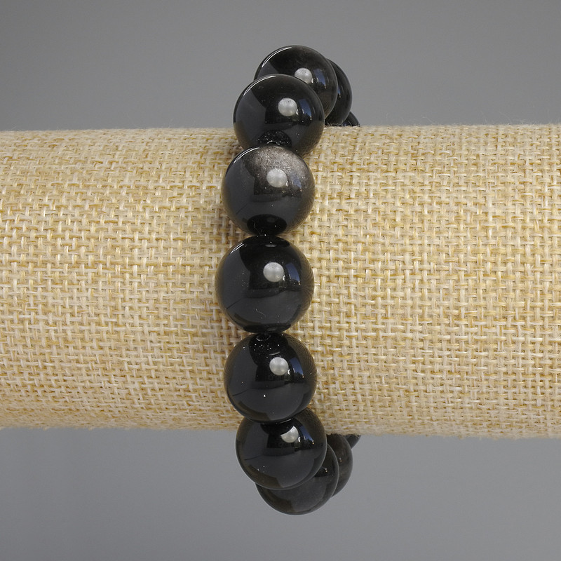 Bracelet with Natural Obsidian, Silver Smooth Beads, 14mm Diameter, 18cm Length +