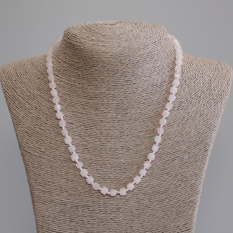 Rose Quartz Beaded Cut Cube Necklace, 5mm± Diameter, 50cm± Length with Clasp