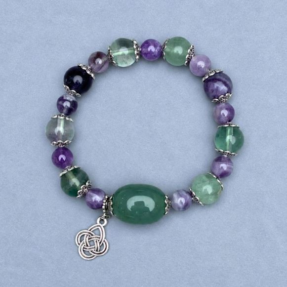 Bracelet Fluorite Bead 10mm+-Amethyst Bead, 8mm+- Jade Tubular 20x15mm+-, length 18cm Stretch
