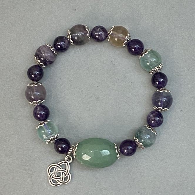 Bracelet Fluorite Bead 10mm+-Amethyst Bead, 8mm+- Jade Tubular 20x15mm+-, length 18cm Stretch