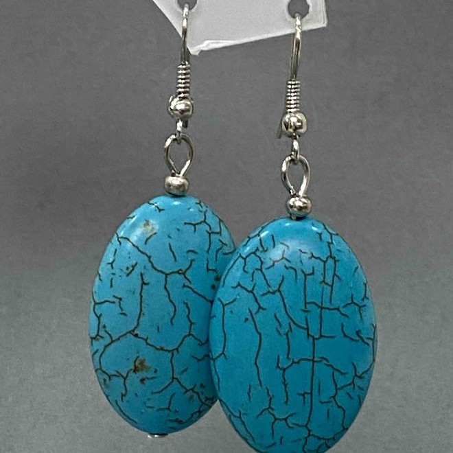Earrings with oval smooth cabochons resembling turquoise, 21x55mm+