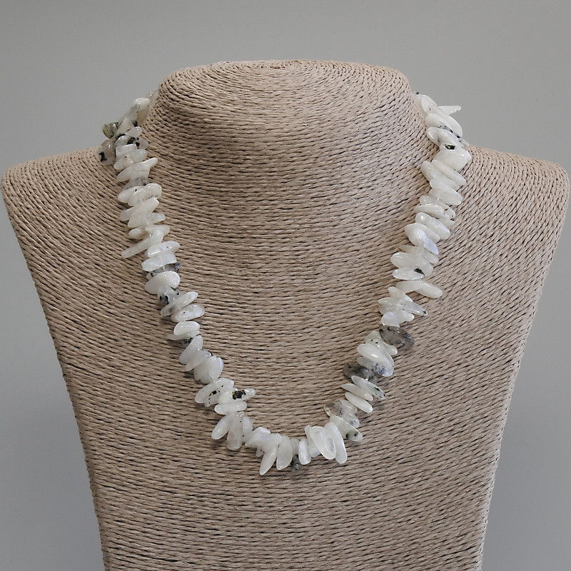 Adularia Beads, fragments, diameter 12-16×2-6 mm, +/-, length 45 cm + 5 cm extender chain