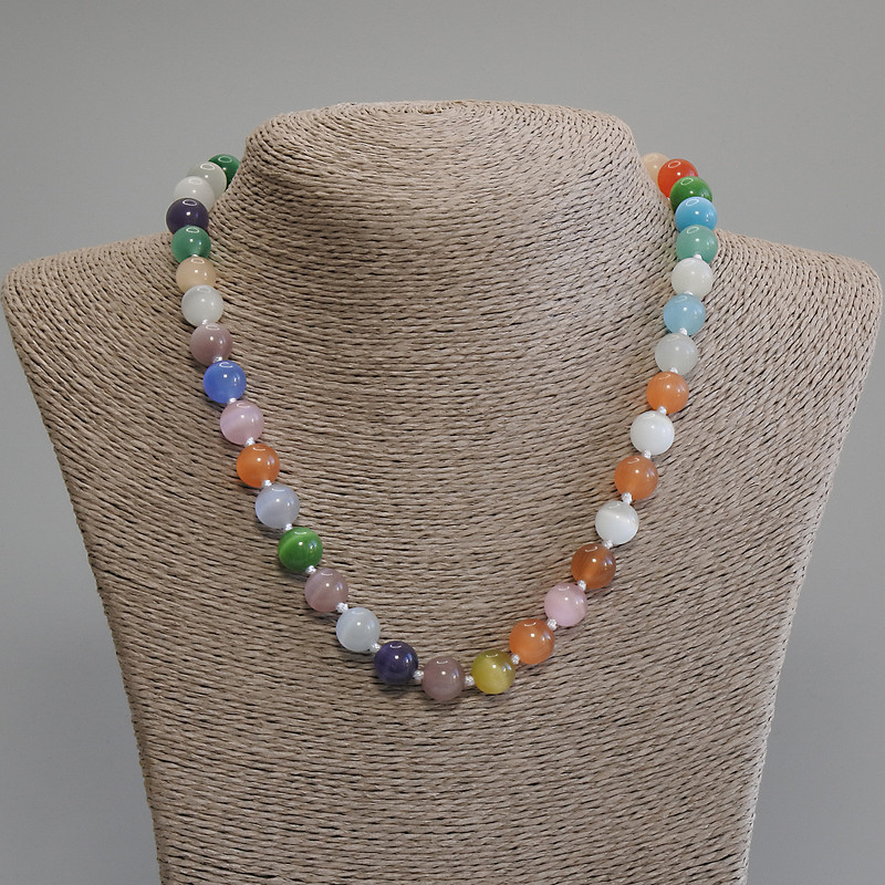 Colorful Cat's Eye Bead Necklace, smooth round beads 10mm diameter, length 50cm + 5cm extender chain