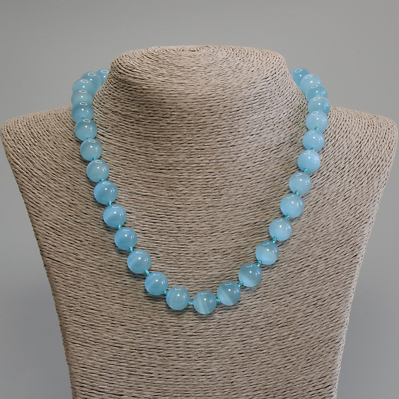 Necklace Cat's Eye Blue Smooth Bead, 11mm diameter, length 50cm with clasp