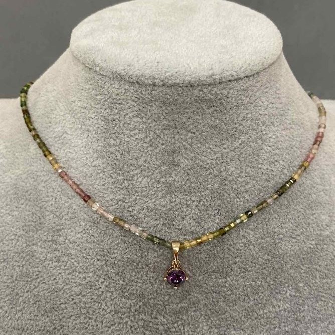 Turmaline Bead Necklace with Faceted Cubes 2x2mm+- Pendant 14x6mm+-, Length 42cm + 5cm Extender Chain