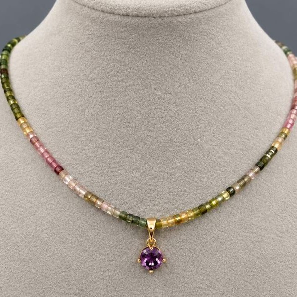 Turmaline Bead Necklace with Faceted Cubes 2x2mm+- Pendant 14x6mm+-, Length 42cm + 5cm Extender Chain