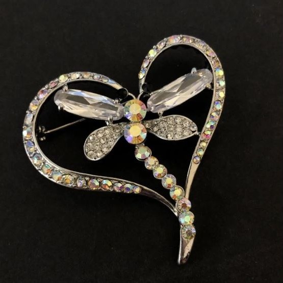 Brooch Dragonfly with silver metal, white and petrol rhinestones, diameter 60mm+