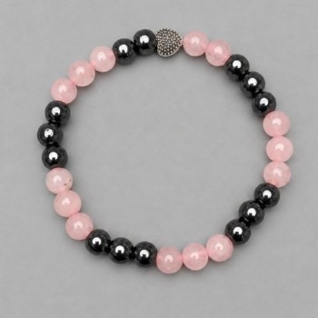 Bracelet Pink Quartz and Hematite Bead 6mm+- with Metal Inlay, Length 18cm+- Stretch