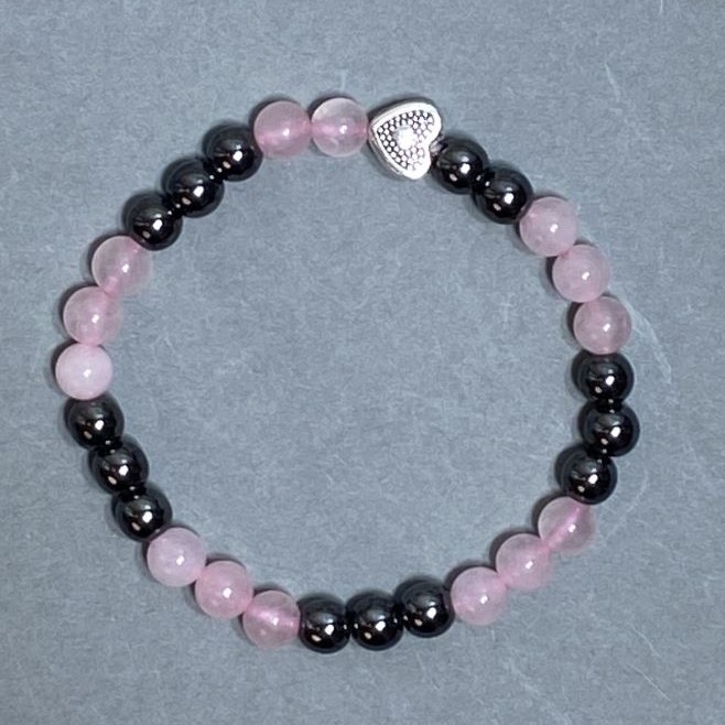 Bracelet Pink Quartz and Hematite Bead 6mm+- with Metal Inlay, Length 18cm+- Stretch