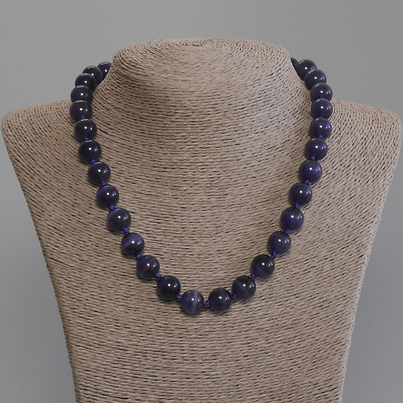 Purple Cat's Eye Bead Necklace, Smooth Round Beads, 11.5mm diameter, 50mm length, with clasp
