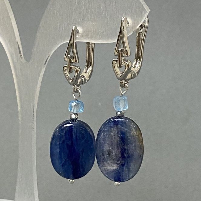 Kyanite Oval Earrings 18x13mm+- Faceted Topaz Cube, 4mm diameter+, length 43mm+
