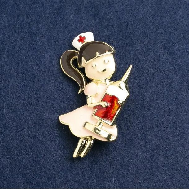 Nurse Pin with Pink and Red Enamel on Gold Tone Metal 44x25mm