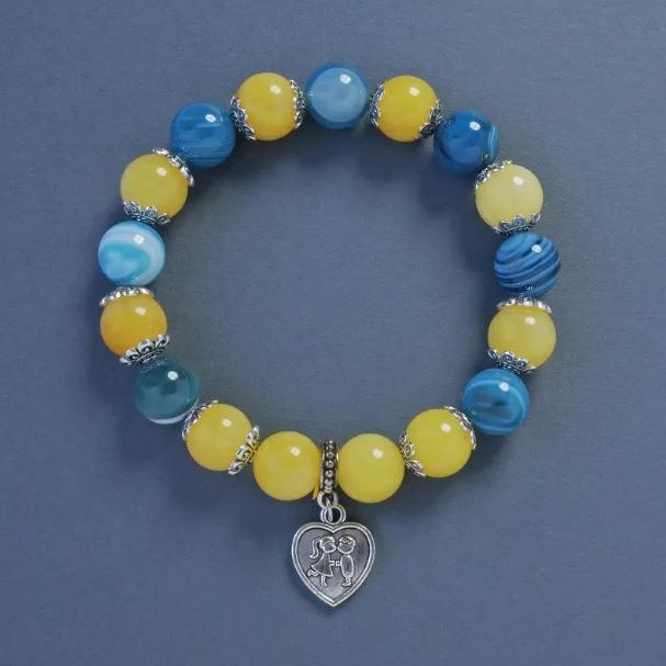 Bracelet yellow-blue Agate, citrine (each) smooth bead, diameter 10mm±, length 18cm± stretch with heart pendant