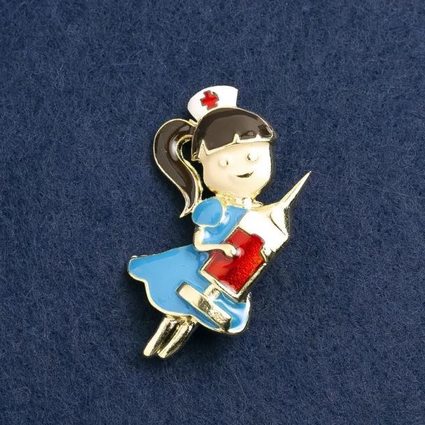 Nurse Brooch enamel in blue and red, gold-tone metal 44×25mm