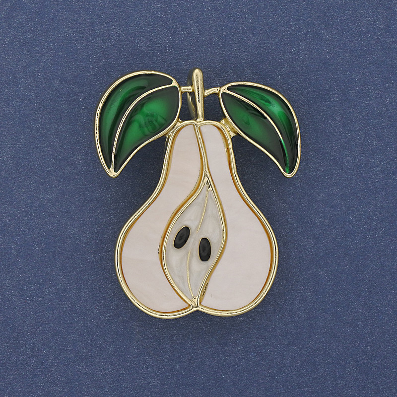 Brooch Pendant Pear Enamel Gold Tone Metal 40x33mm+