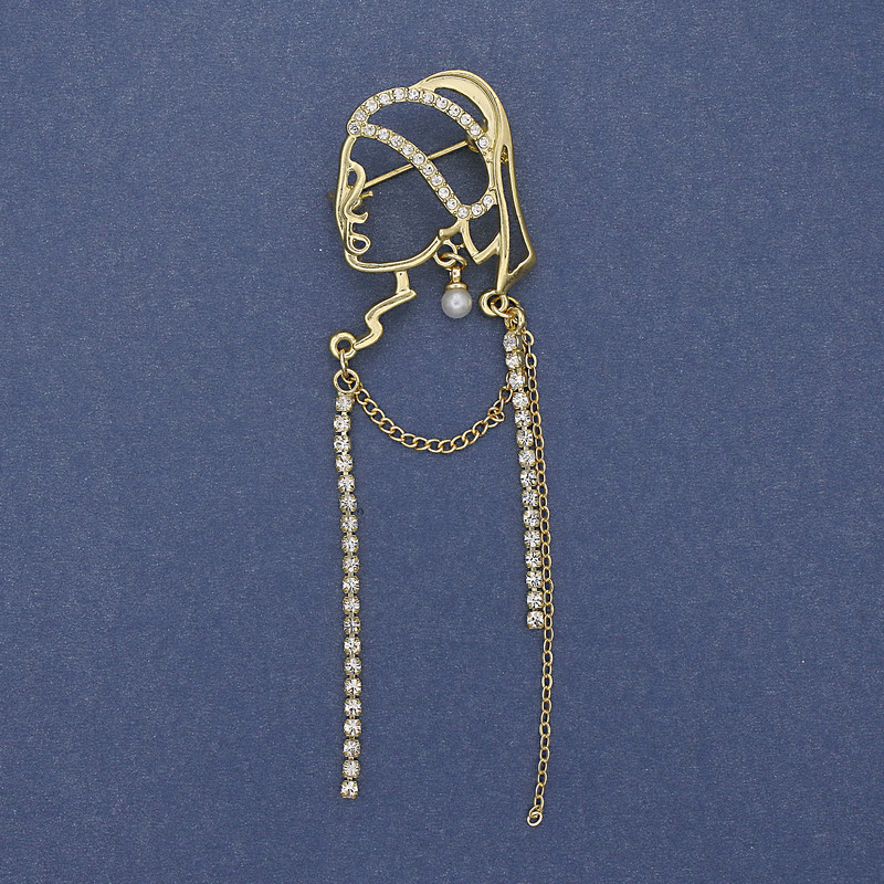 Brooch: Girl with Pearl Earring, White Crystals, Gold-tone Metal 85x24mm+