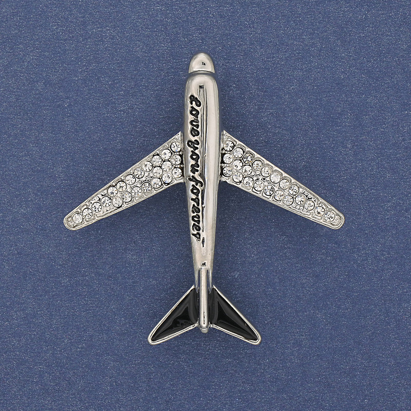Brooch Airplane with White Crystals Silver Metal 43x40mm+