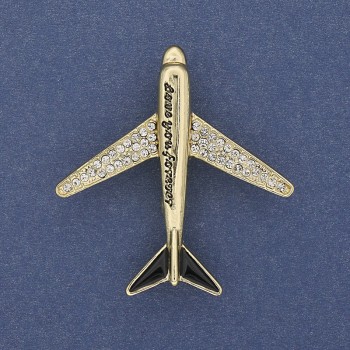 Brooch Airplane White Crystals Gold-Toned Metal 43x40mm+