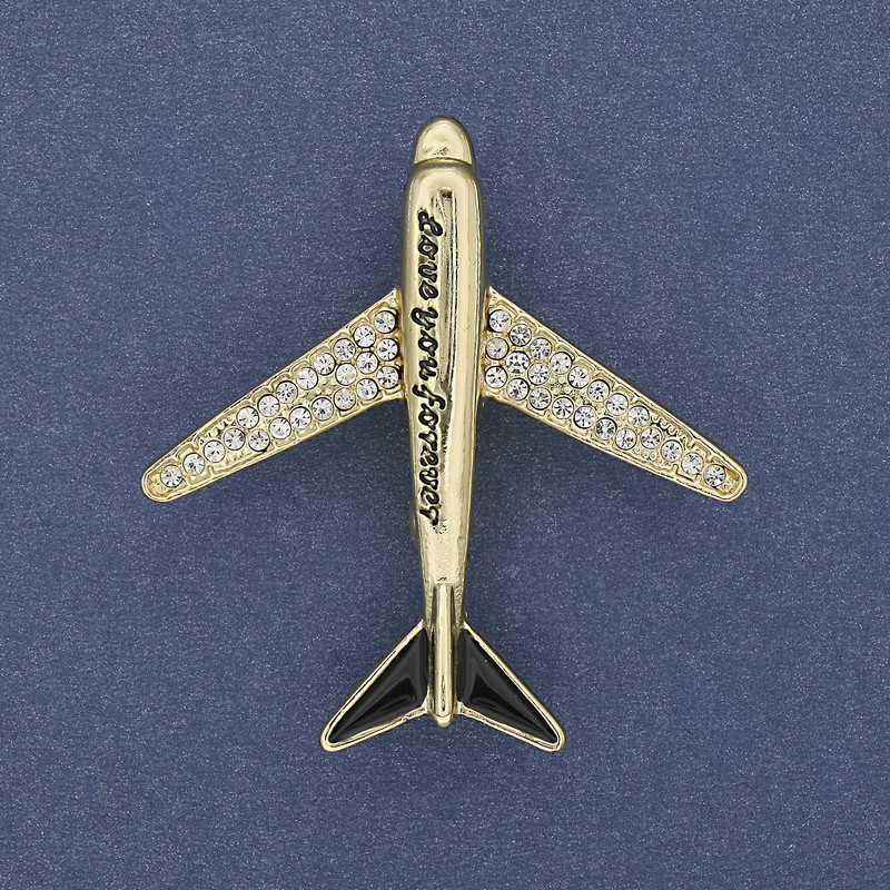 Brooch Airplane White Crystals Gold-Toned Metal 43x40mm+