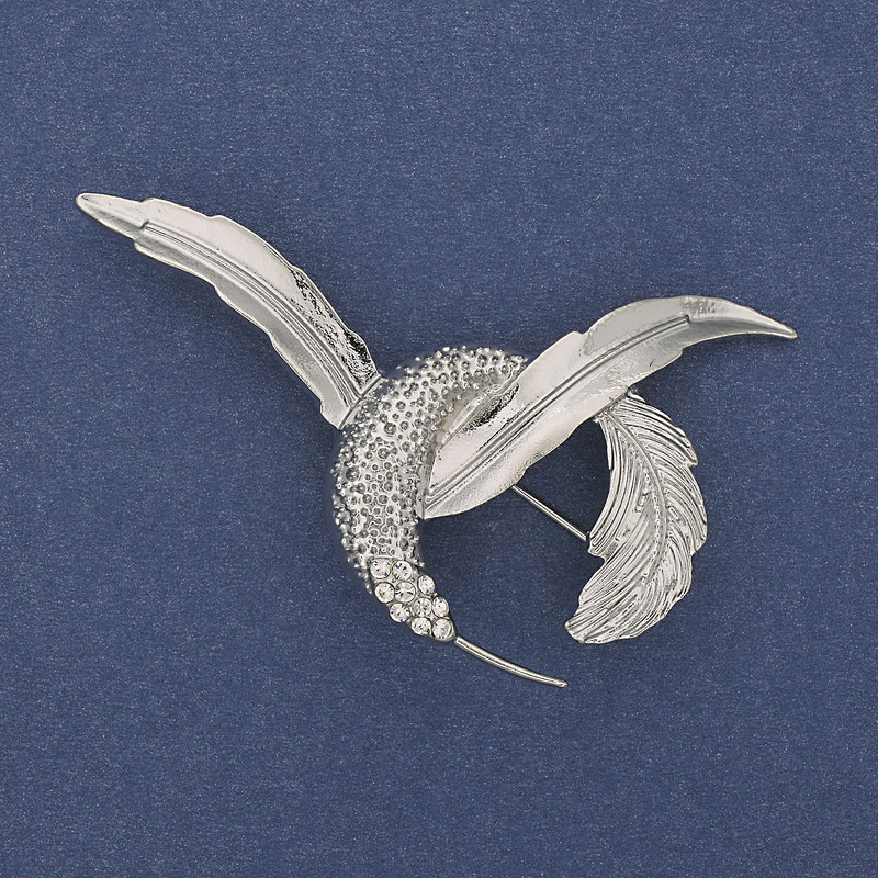Brooch Hummingbird White Crystals Silver Tone 56x40mm+