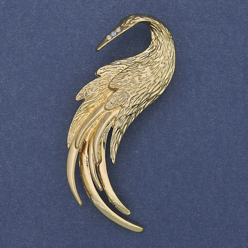 Brooch Firebird with White Rhinestones and Gold-Tone Metal 60x37mm