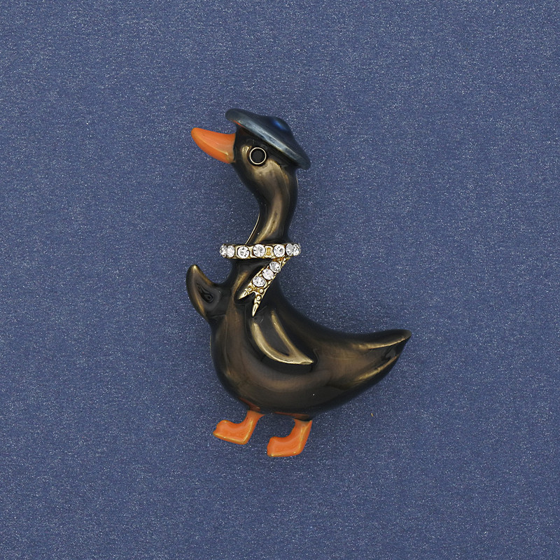 Brooch Goose Colorful Enamel with White Crystals Gold-Tone Metal 40x23mm+