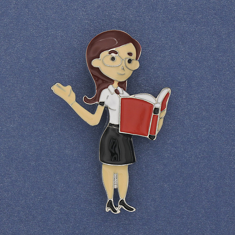 Brooch 'Teacher' with Colorful Enamel on Silver Tone Metal 52x33mm+